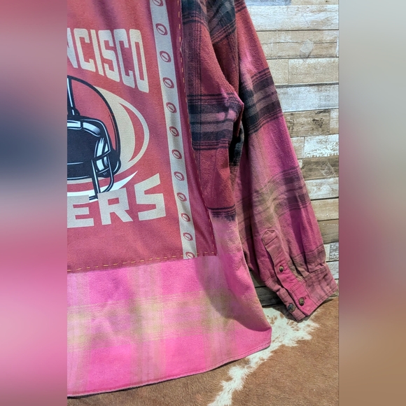 San Francisco 49ers Upcycled Handcrafted Dip Dye Bleach Flannel Shirt - Picture 8 of 15